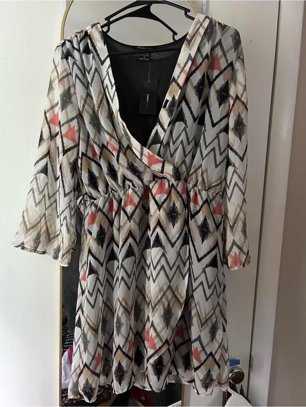 NWT! Robert Louis White Geometric Wrap Dress with Coral and Gold Accents